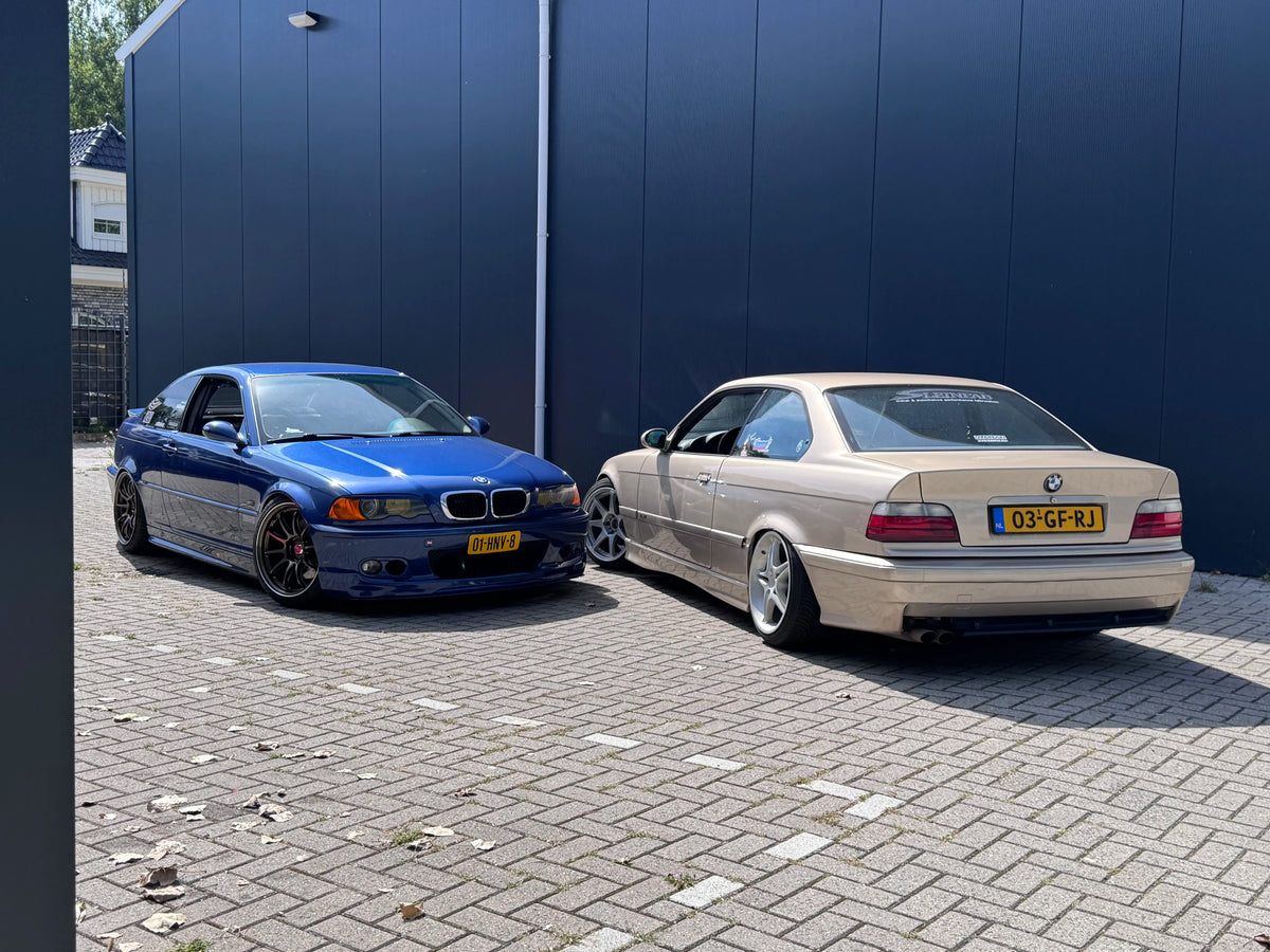 Modified, stanced E46 and E36 at SleinFab shop