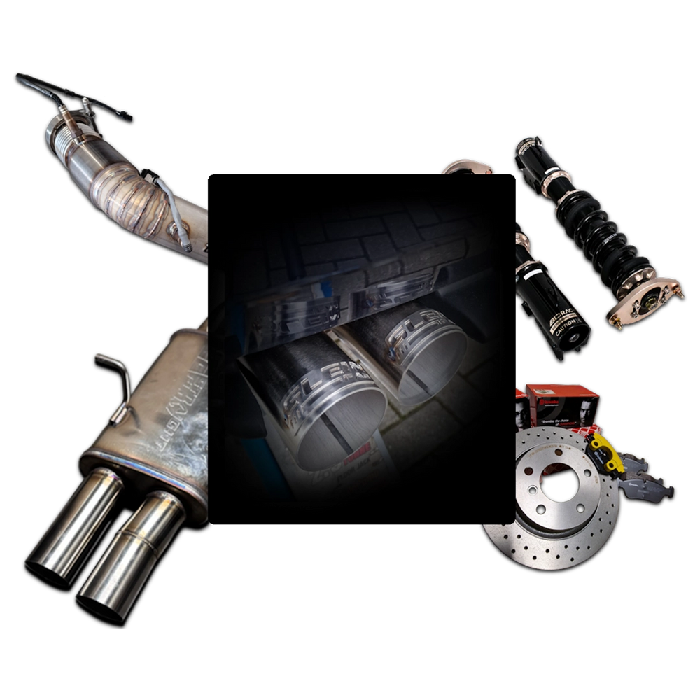 Collage van high-performance tuning onderdelen waaronder een SleinFab sportuitlaat, BC Racing schroefset en Brembo remmenset.